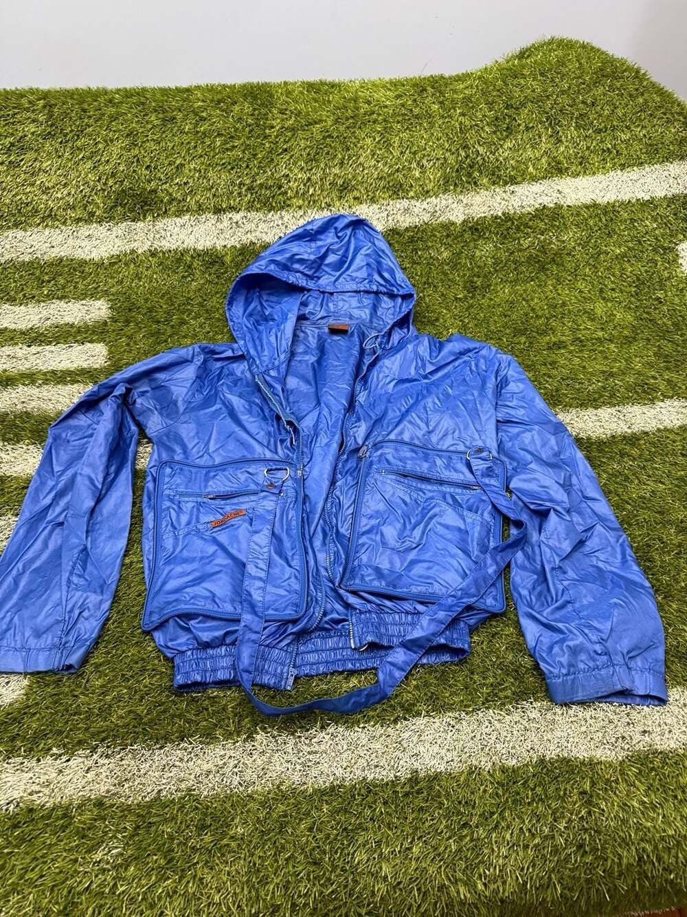 Vintage Jordache Blue 100% Nylon Packable Hooded Windbreaker Jacket Bag